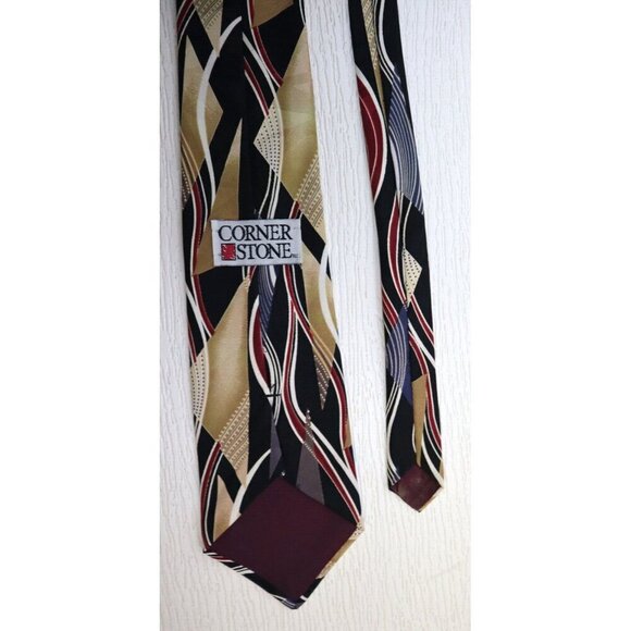 CORNERSTONE - MEN'S BLACK RED BEIGE GEOMETRIC PRINT NECKTIE - Picture 5 of 6